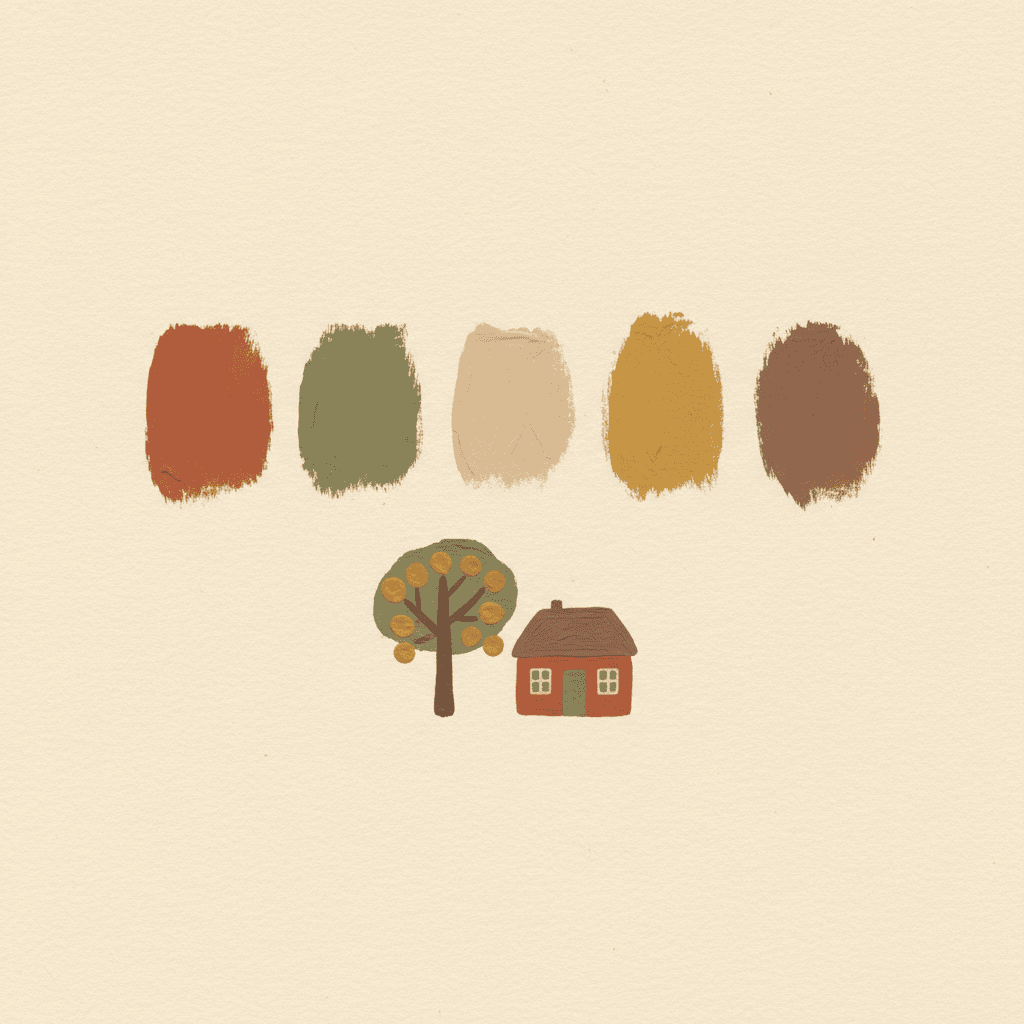 Square Scandinavian folk art colour sheet of hand-brushed matte terracotta, muted olive, cream, faded mustard and dusty brown swatches above a tiny folk scene using only those colours