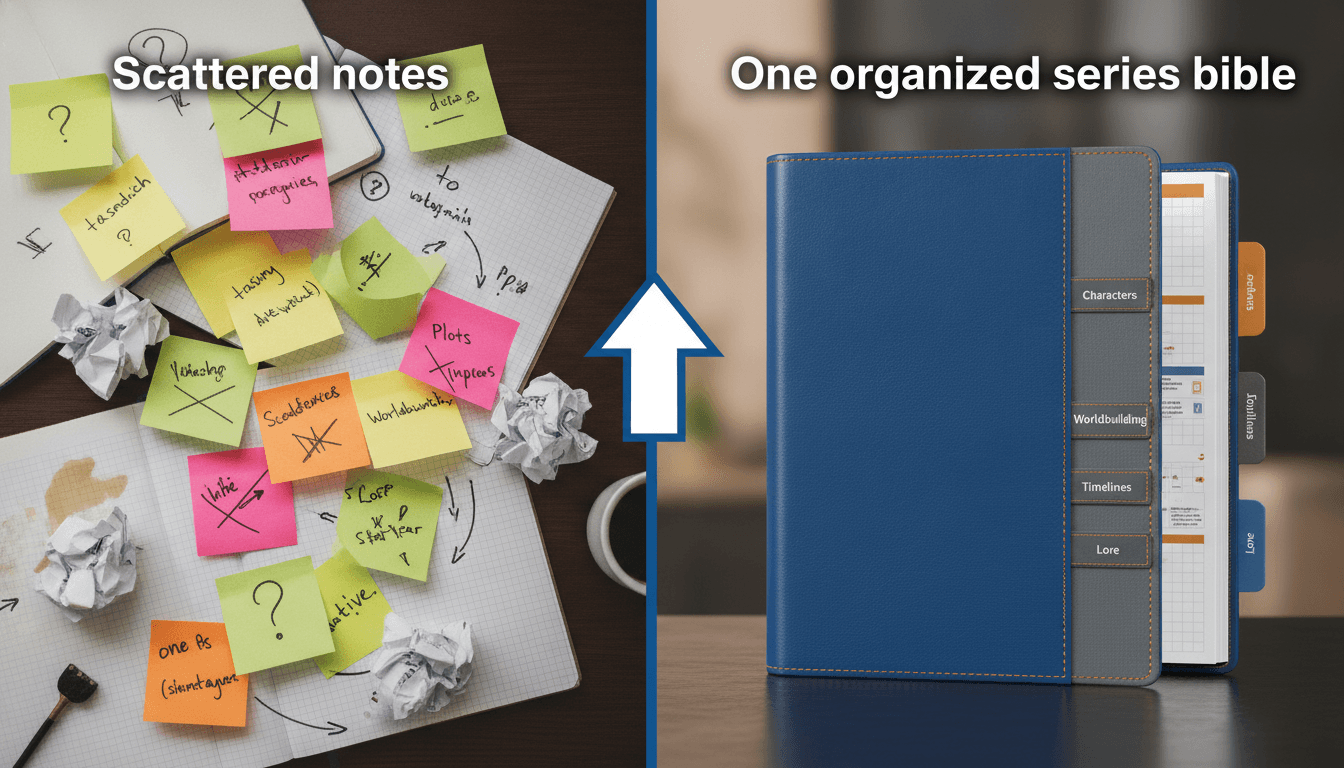 Split screen comparing scattered, contradictory notes versus one organized series bible with everything filed neatly