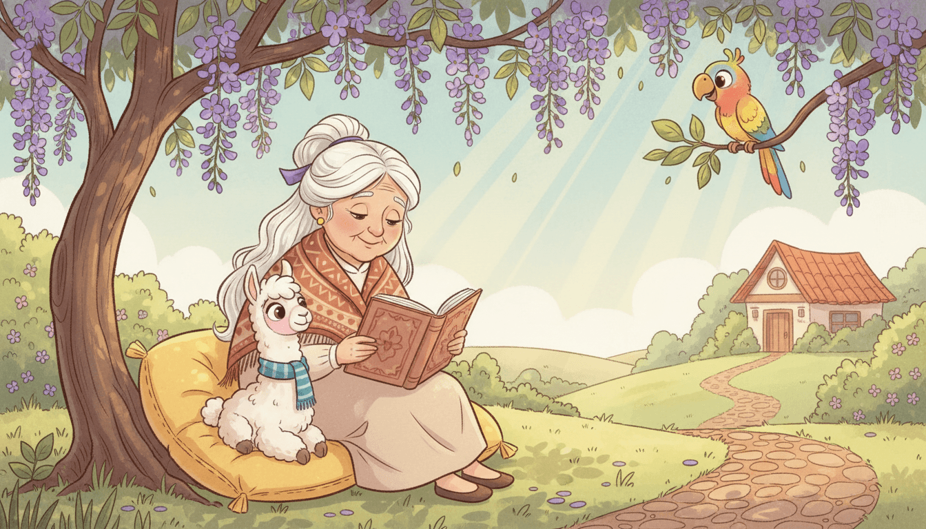Children picture book illustration in classic storybook style: a wise grandmother abuela with white hair and a warm shawl reading a story to a baby llama and a baby parrot under a flowering jacaranda tree