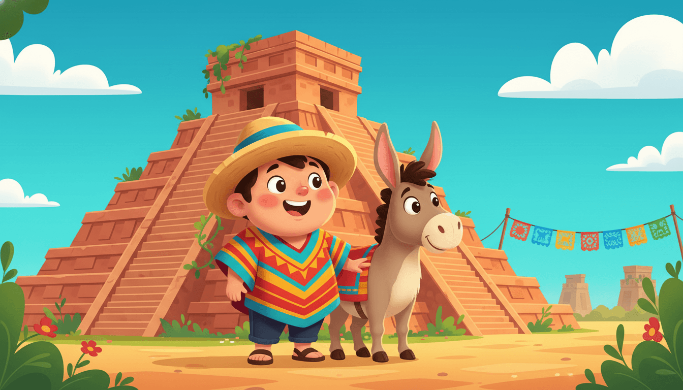Children picture book illustration in bright cartoon style: a brave round-faced little Mexican hero boy with a colorful poncho and a friendly cartoon donkey under a sunny Yucatán pyramid with papel picado in the distance