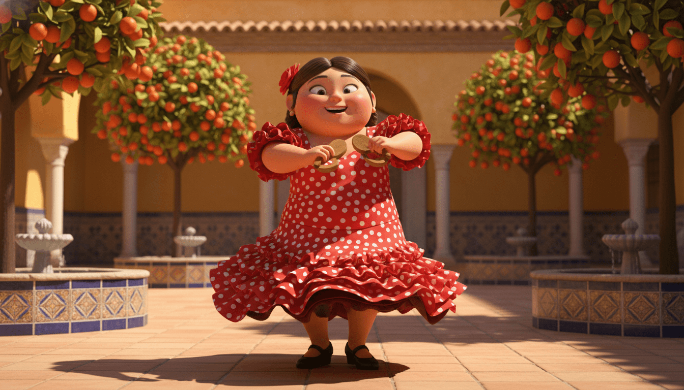 Children picture book illustration in modern Pixar 3D style: a chubby cheerful young flamenco dancer girl in a polka-dot ruffled red dress with castanets twirling in a sun-lit Sevilla courtyard with orange trees