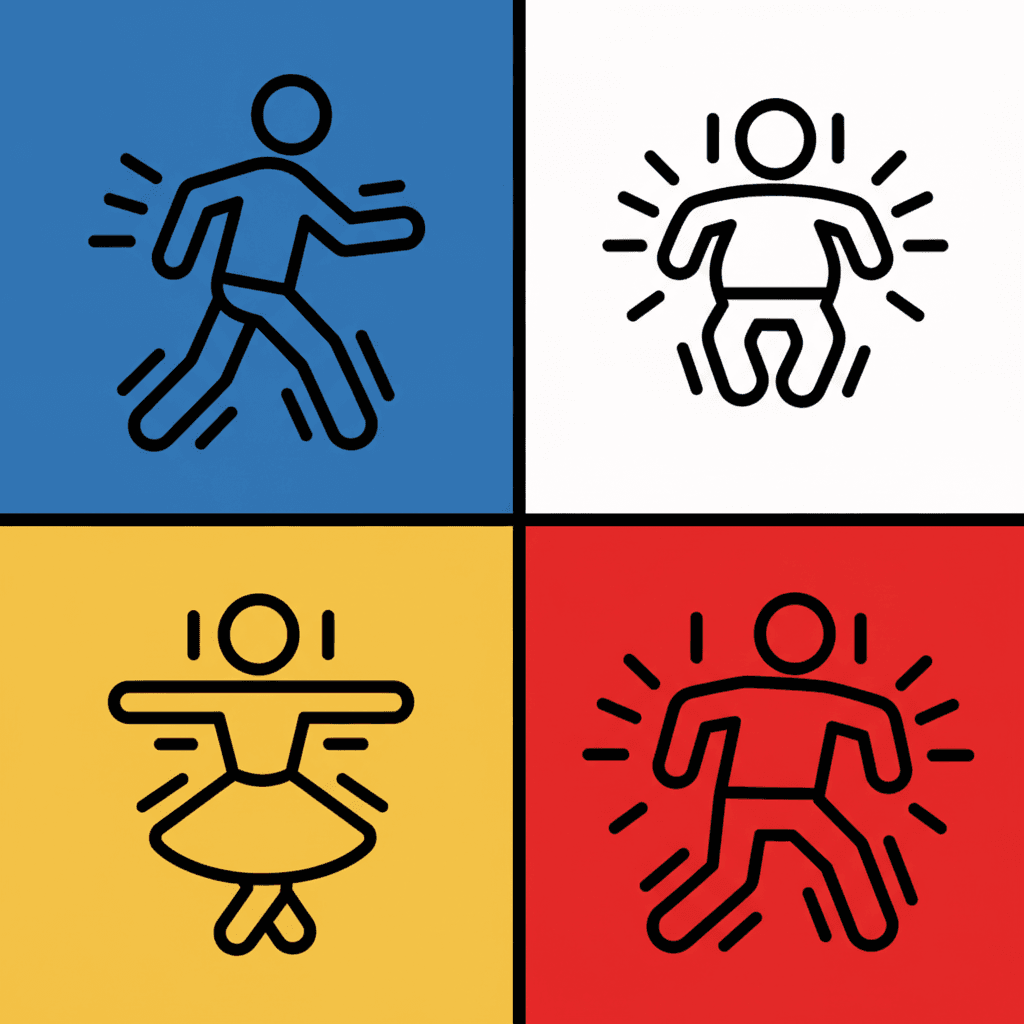 A two-by-two grid of flat blue, white, yellow and red panels, each holding one pictogram figure drawn as a thick black outline with no face at all, the four built to visibly different body shapes — a tall long-limbed figure striding with a wide step on blue, a short round-bodied figure with a large oval head hopping with both feet together on white, a slim figure with a flared triangular skirt spinning with both arms stretched wide on yellow, and a broad square-shouldered figure crouching low on red