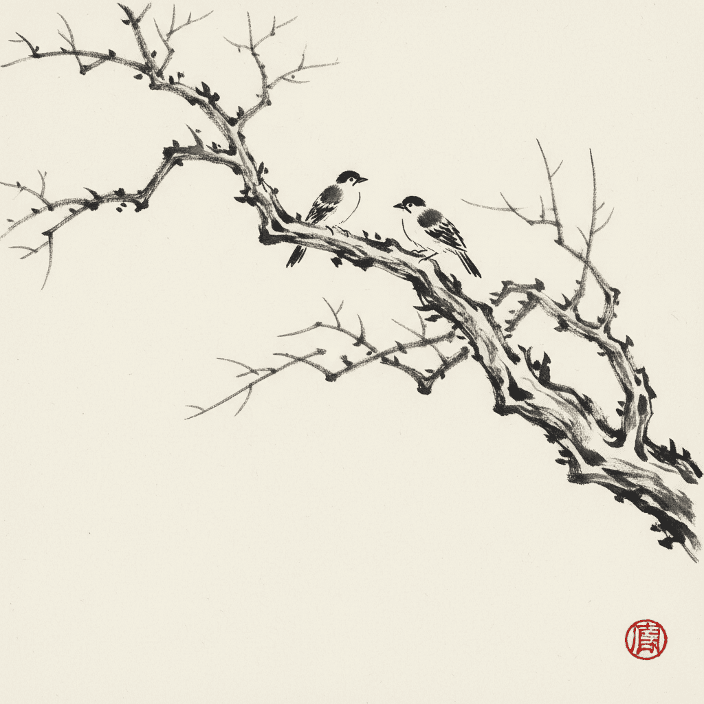Square sumi-e illustration of a bare winter branch with two small birds, drawn in coarse dry-brush ink with a single spot of vermillion red