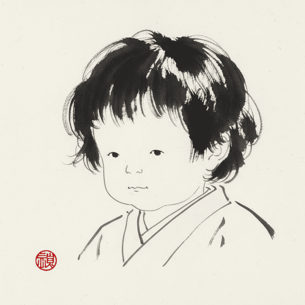 Square sumi-e illustration of a child in three-quarter view drawn in six or seven economical brushstrokes, the face left mostly as bare paper