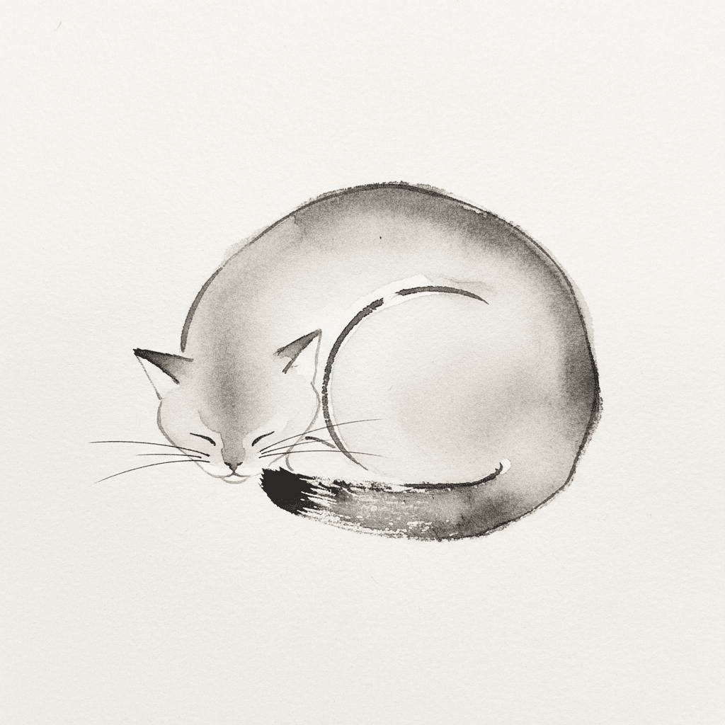 Square sumi-e illustration of a sleeping cat formed from two sweeping grey wash strokes with a darker dry-brush tail and hair-thin whiskers