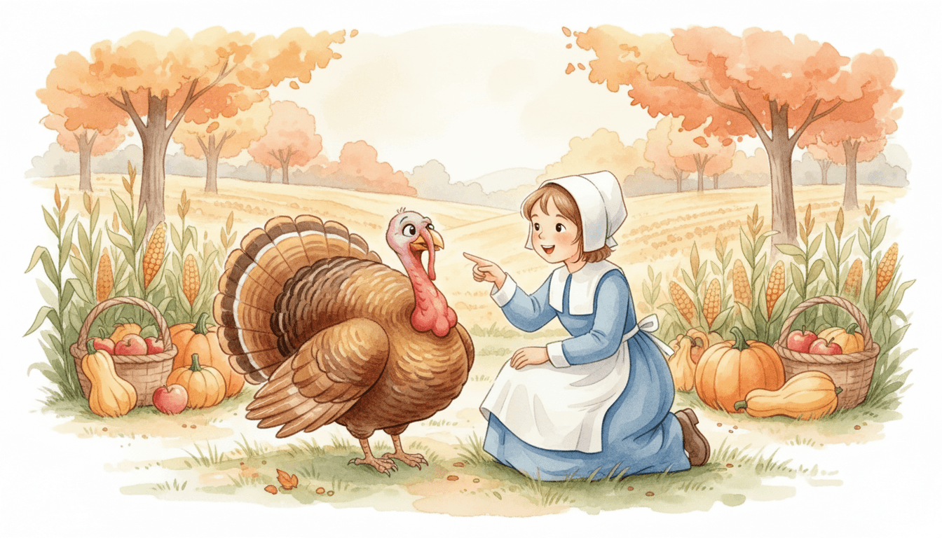 Watercolor style a little pilgrim girl and a friendly turkey watching the autumn harvest