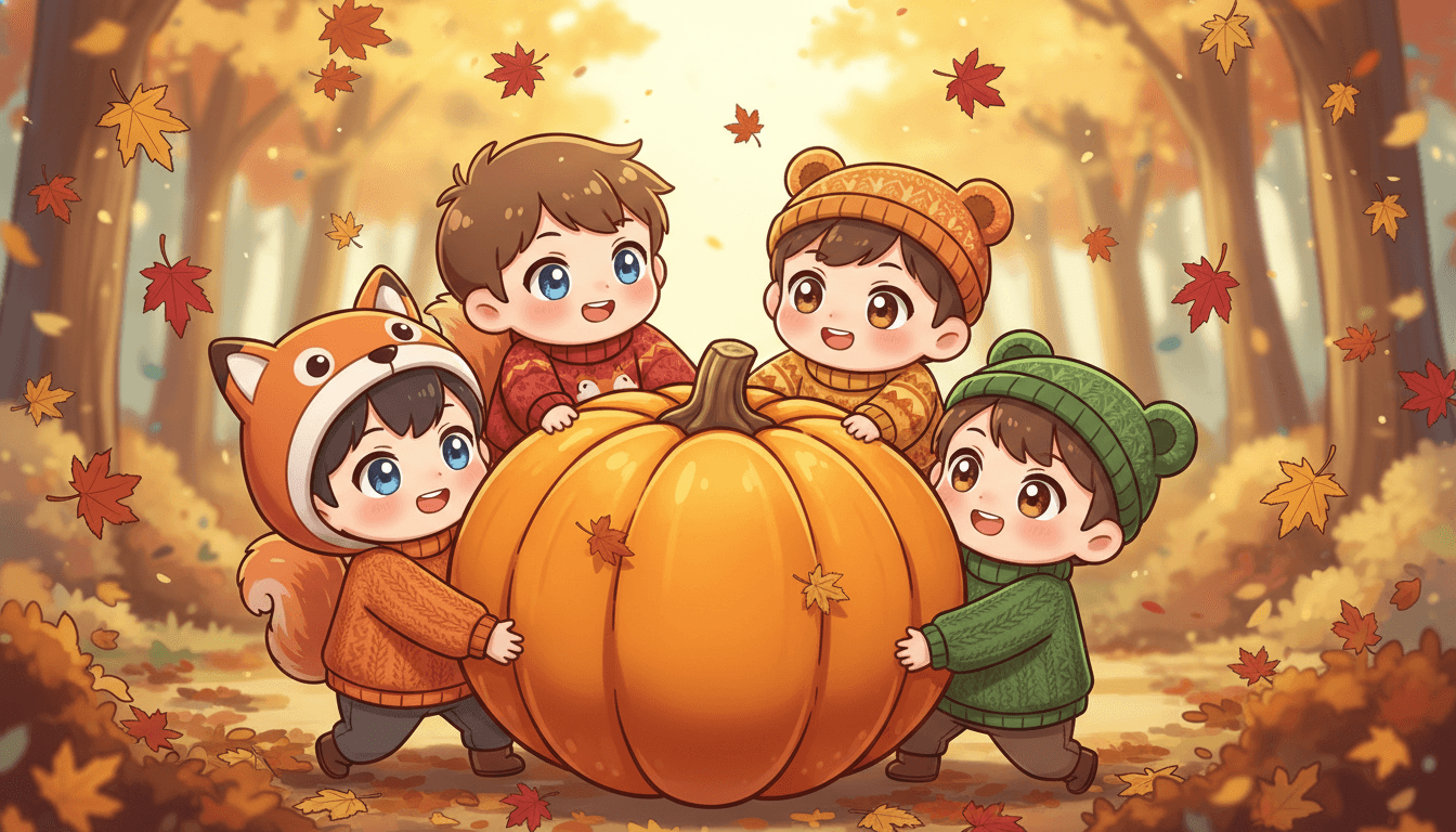 Anime chibi style adorable children in cozy autumn sweaters carrying a giant pumpkin together