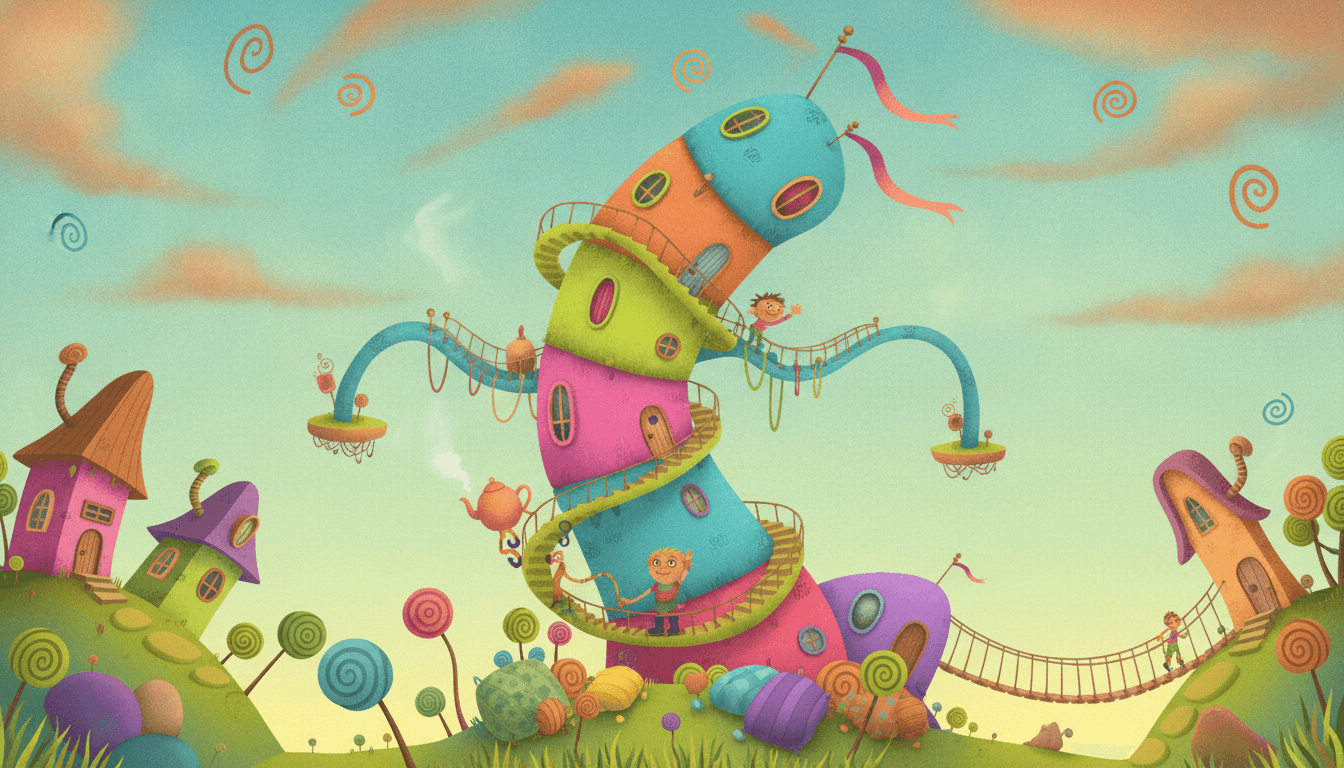 An absurd illustration of a tall tower built from rounded rooms stacked crookedly in orange, lime, magenta and turquoise, leaning hard to one side, with a staircase spiralling around the outside and two looping rope bridges leaving the building entirely to arch through open air to small floating platforms, two children waving from its landings, more crooked little houses on hills to the left and right, and a sky filled edge to edge with clouds and spirals