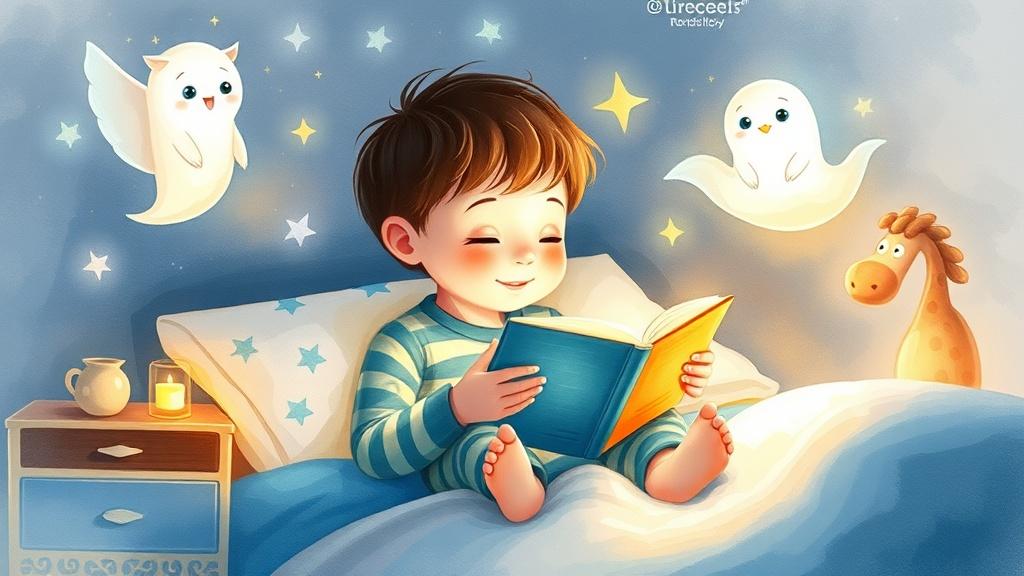 Bedtime story illustration - child reading with dream characters