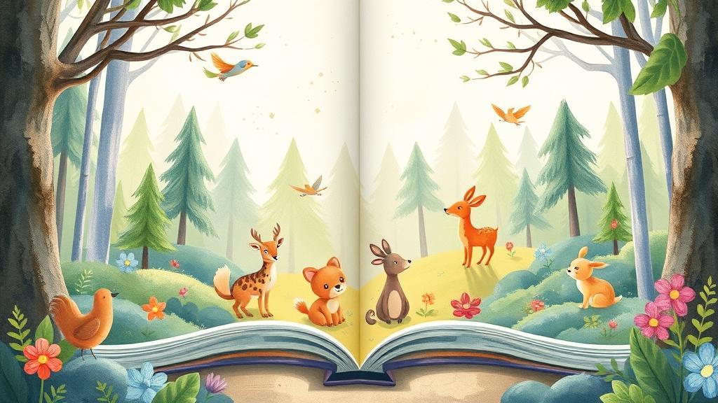 AI-illustrated children's picture book spread with magical forest scene