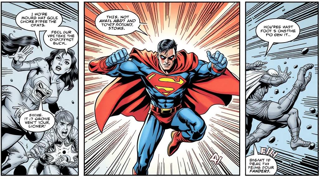 Dynamic comic book page with superhero in action, bold outlines and vivid colors