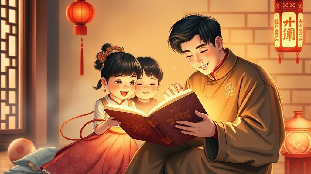 中国家庭一起阅读魔法故事书，温馨水彩插画风格