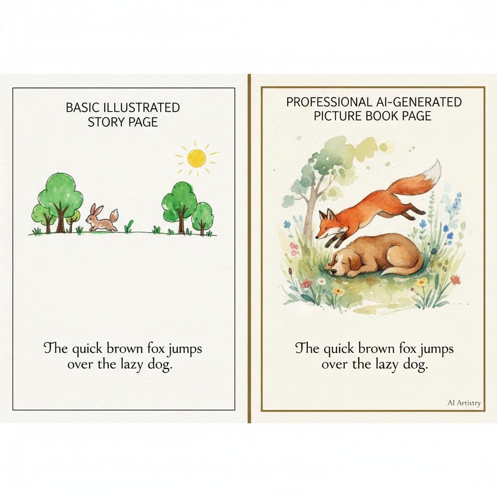 Side-by-side comparison of basic story illustration versus C2Story professional AI-generated picture book