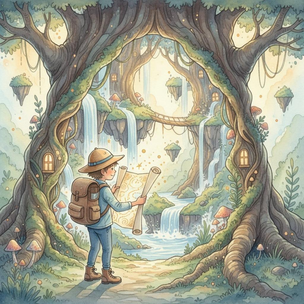 Watercolor illustration of a child explorer discovering a hidden world