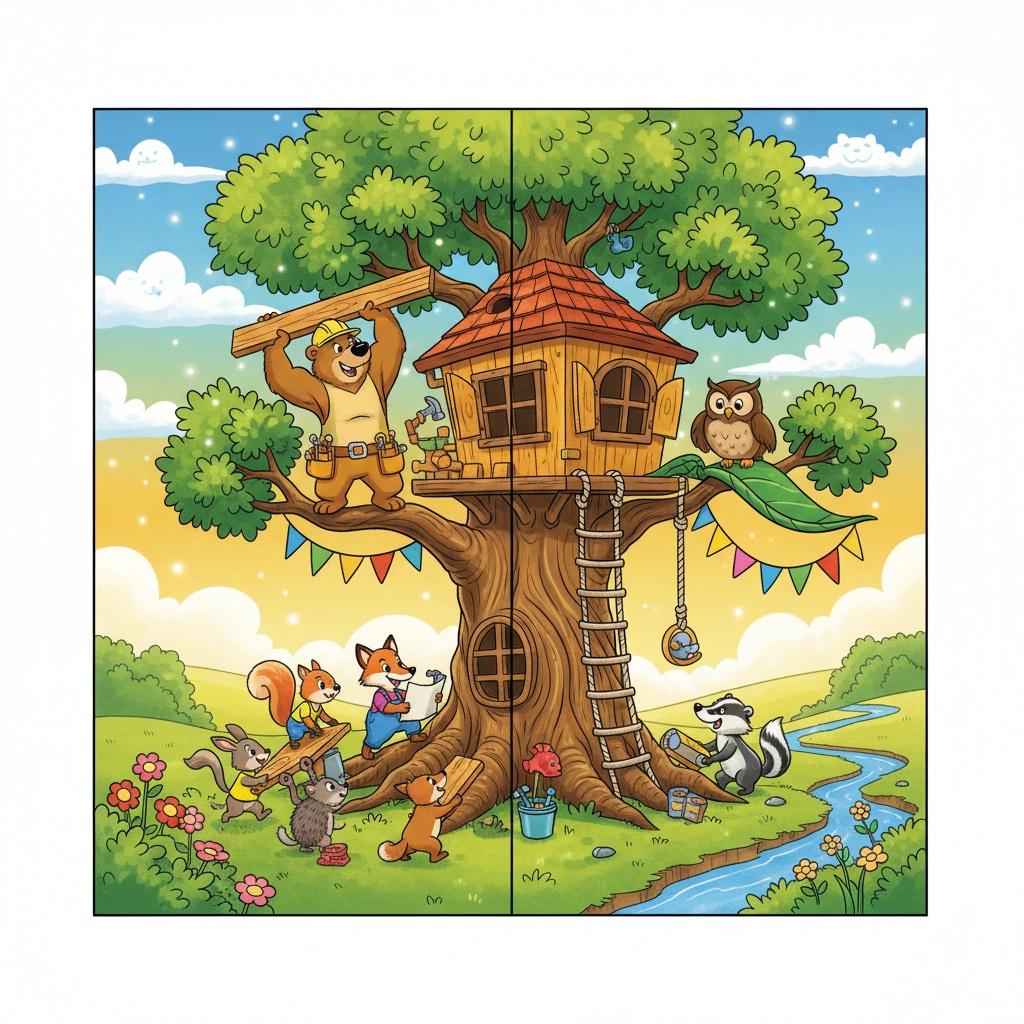 Cartoon-style illustration of animal friends building a treehouse