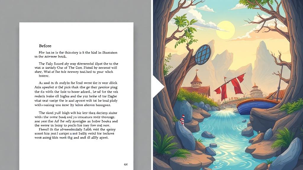 Plain text story transforming into a richly illustrated adventure book