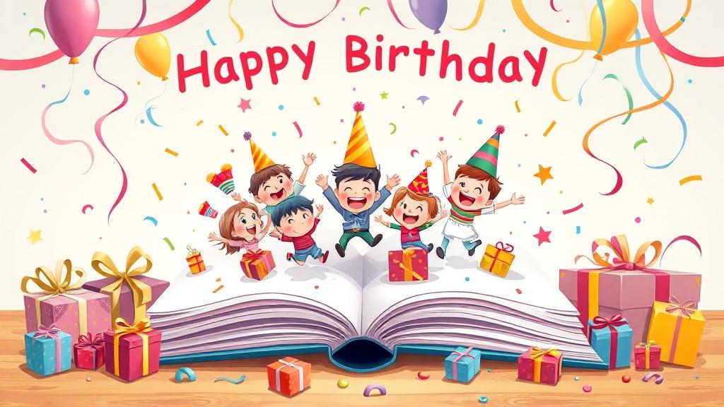 An open birthday storybook with characters jumping out of the pages