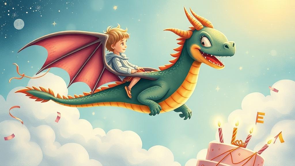 A child riding a friendly dragon over a birthday celebration