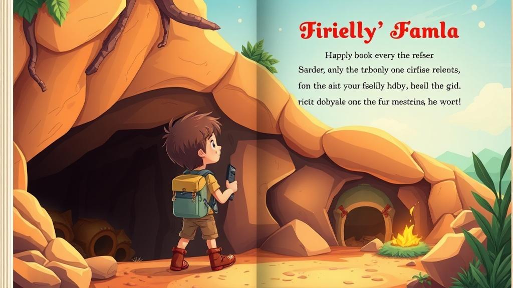 A personalized story page of a young adventurer discovering a treasure cave