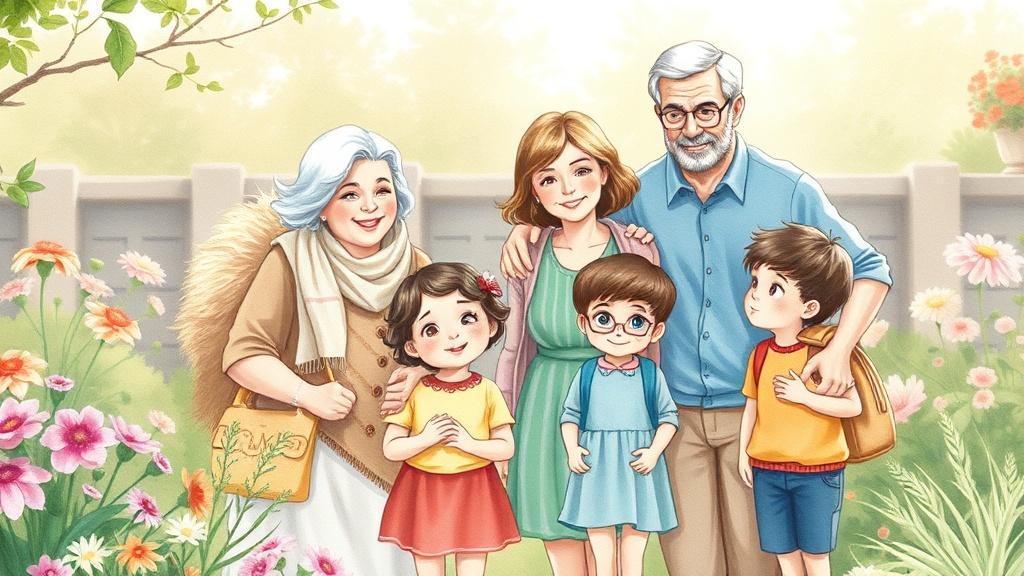 A multi-generational family portrait in illustrated storybook style