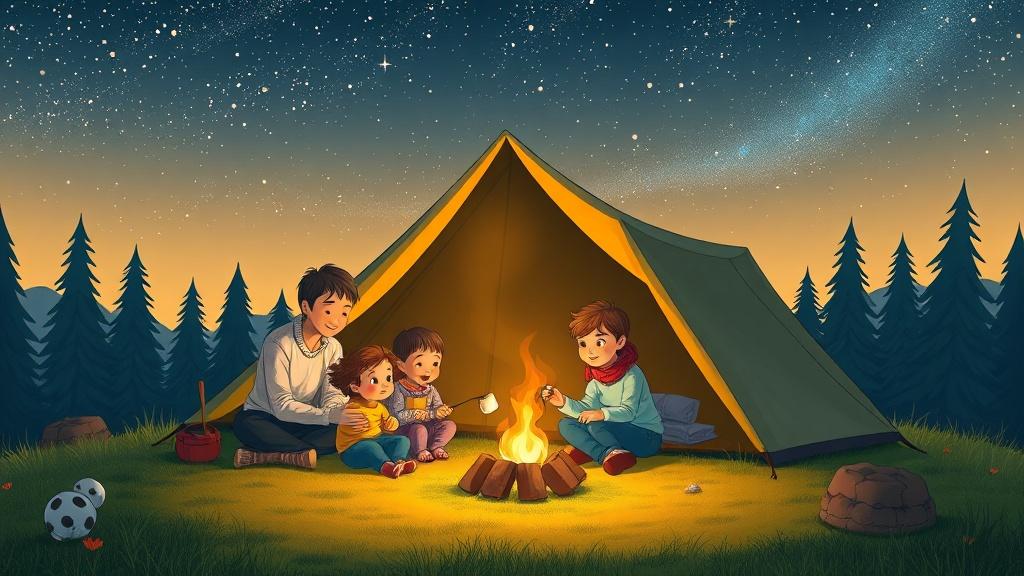 An illustrated camping trip with a family around a campfire under starry skies
