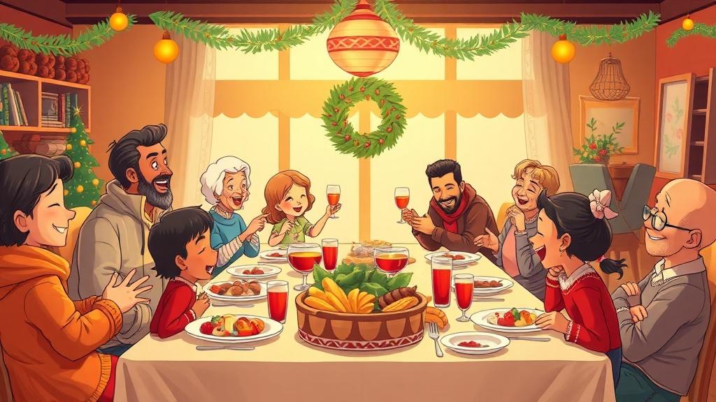 An illustrated family holiday dinner scene from a storybook
