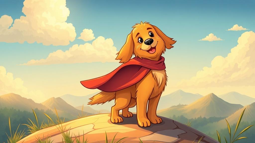 A golden retriever wearing a cape standing heroically on a hilltop in an illustrated storybook