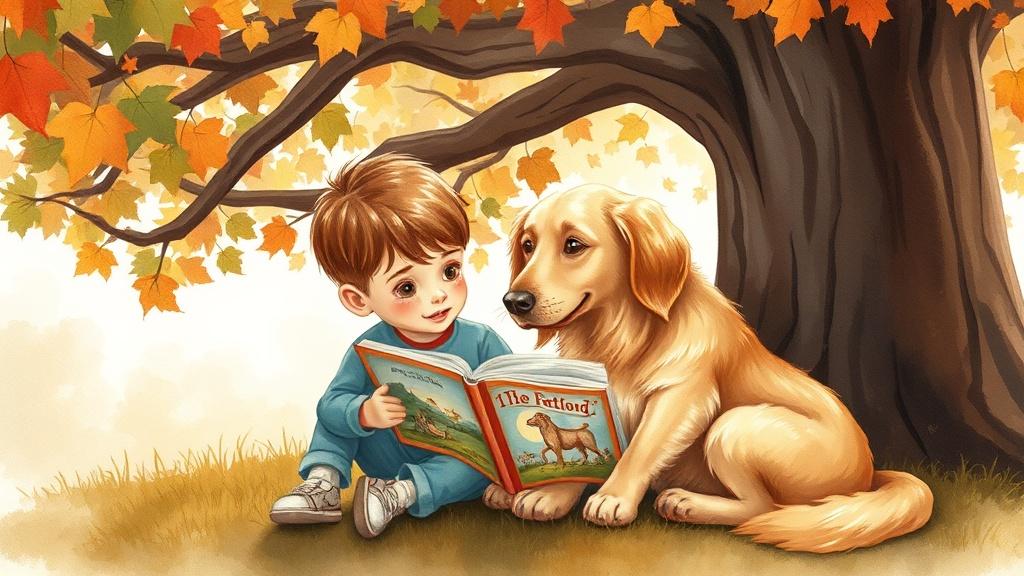 A child sitting with their golden retriever reading a storybook together under a tree