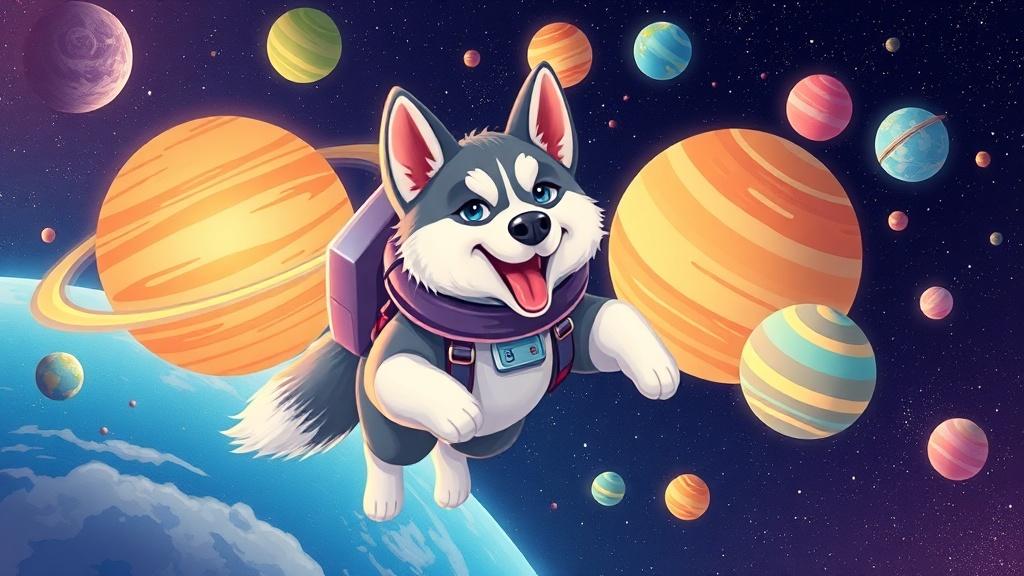 A husky dog as a space explorer floating among colorful planets and stars