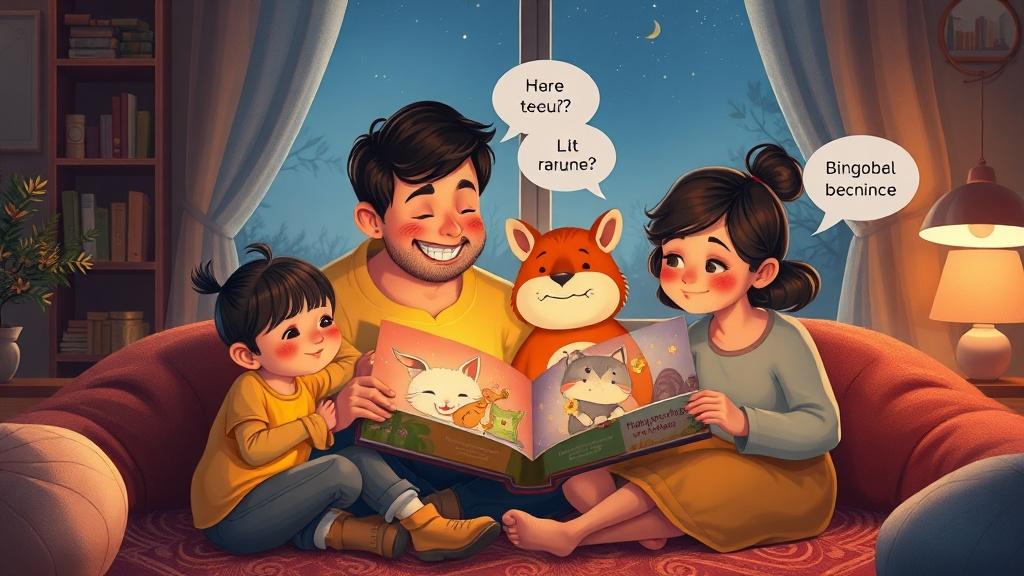 A family reading a bilingual picture book together with magical illustrations