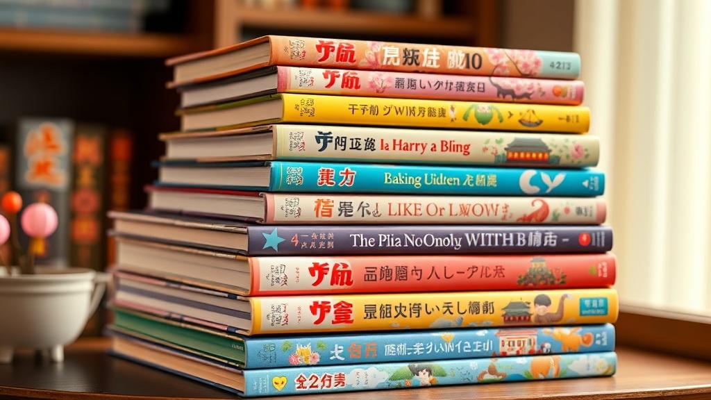 A stack of colorful bilingual children's books with diverse cultural cover elements