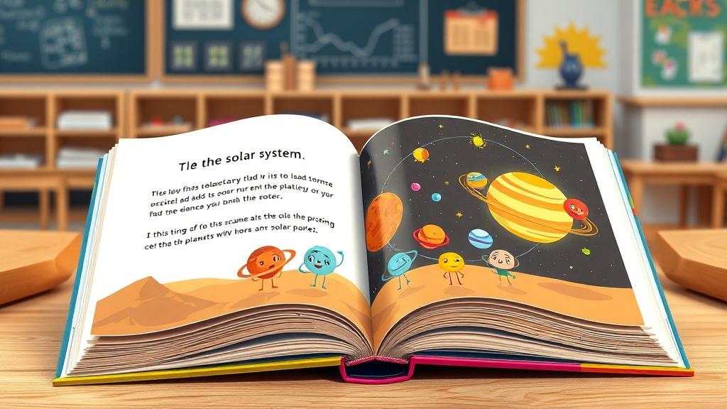 An illustrated storybook open on a classroom table showing a science lesson about the solar system