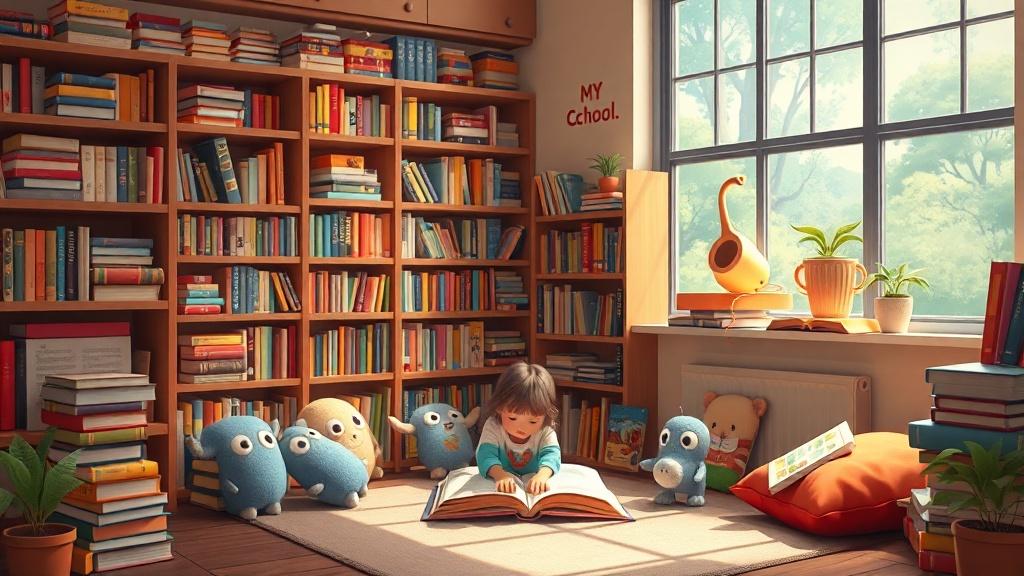 A cozy school library corner with stacks of colorful AI-generated picture books and a reading nook