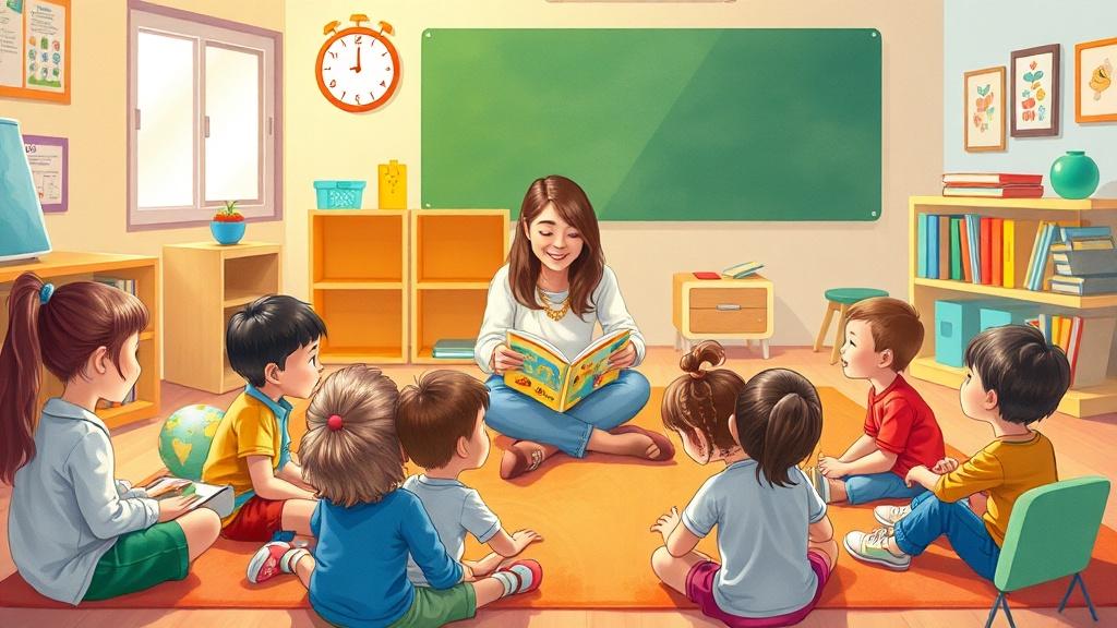 A teacher reading an AI-illustrated storybook to young students in a colorful classroom reading circle