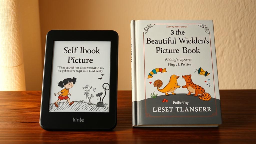 A children's picture book displayed on a Kindle device alongside a printed paperback version, professional product photography