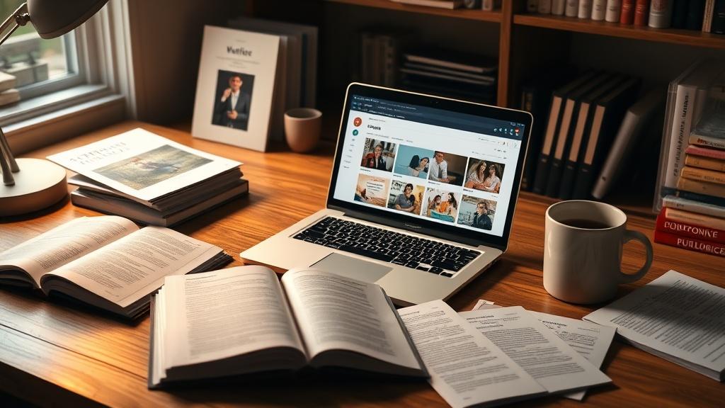 An author workspace with a laptop showing a book publishing dashboard and printed book proofs