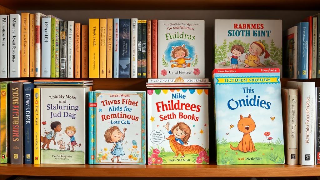 A collection of diverse children's picture books on a bookshelf with different art styles