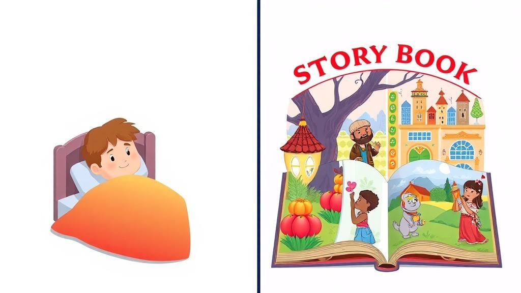 Split comparison showing simple bedtime app versus rich illustrated storybook