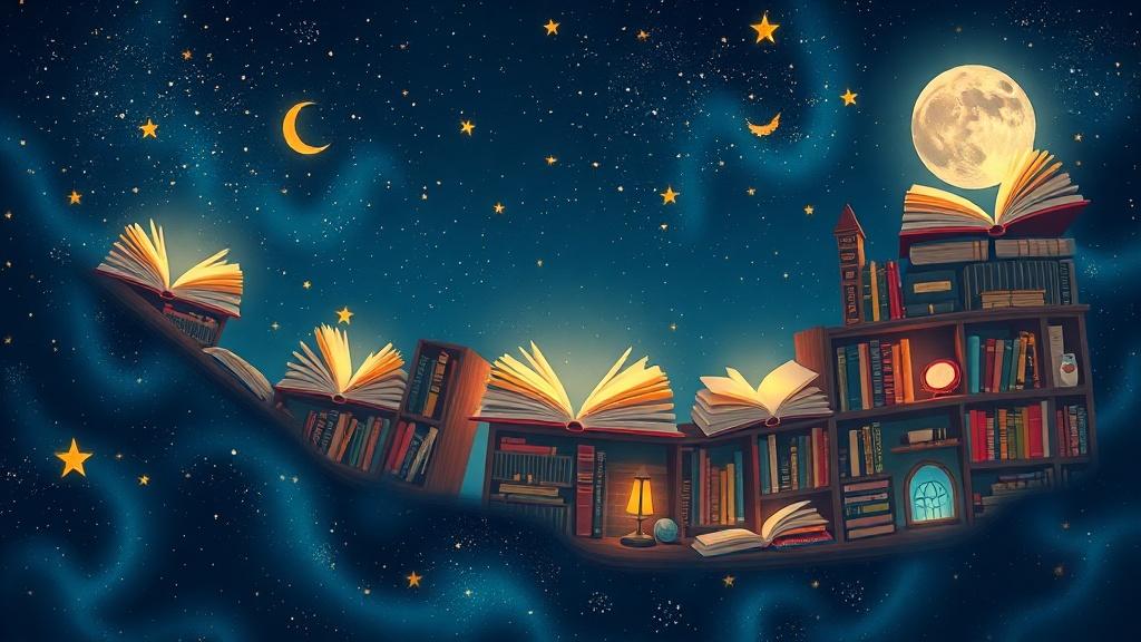 Magical library of bedtime stories floating in a starry night sky