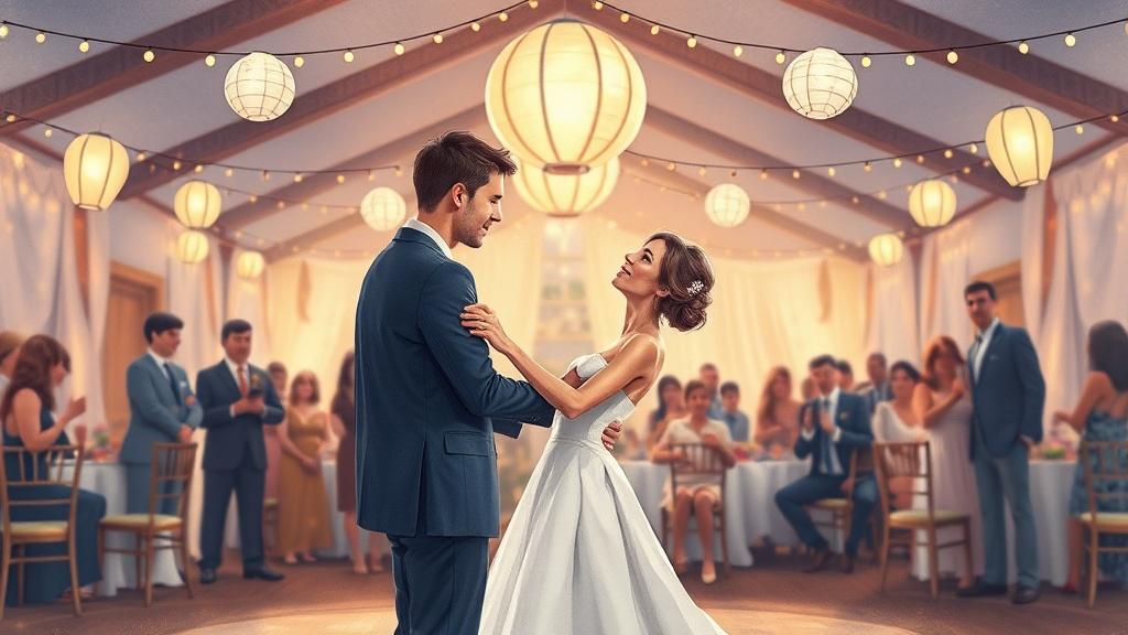 An illustrated first dance at a wedding reception with string lights and lanterns