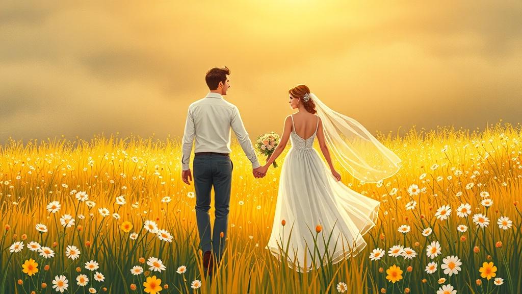 An illustrated couple walking through a wildflower field at golden hour