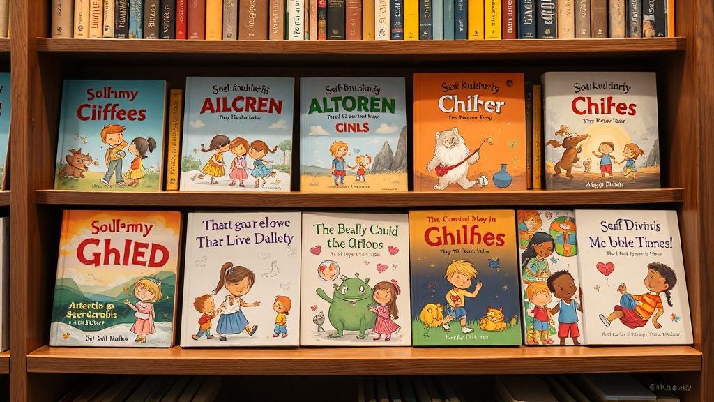 A display of self-published children's books on a bookshelf with unique AI-generated cover art