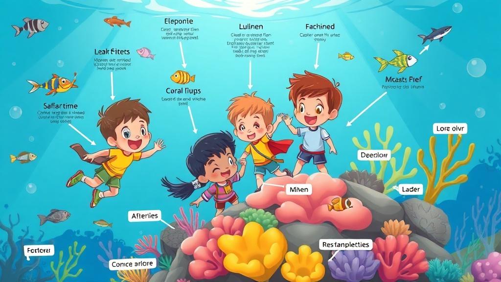 Children exploring a coral reef underwater with labeled sea creatures and scientific facts