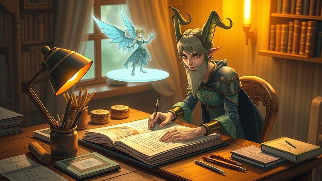 A creative writer designing a fantasy character on a glowing magical desk with a hologram above the page