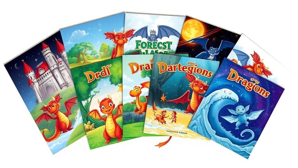 Multiple storybooks featuring the same dragon character in different settings