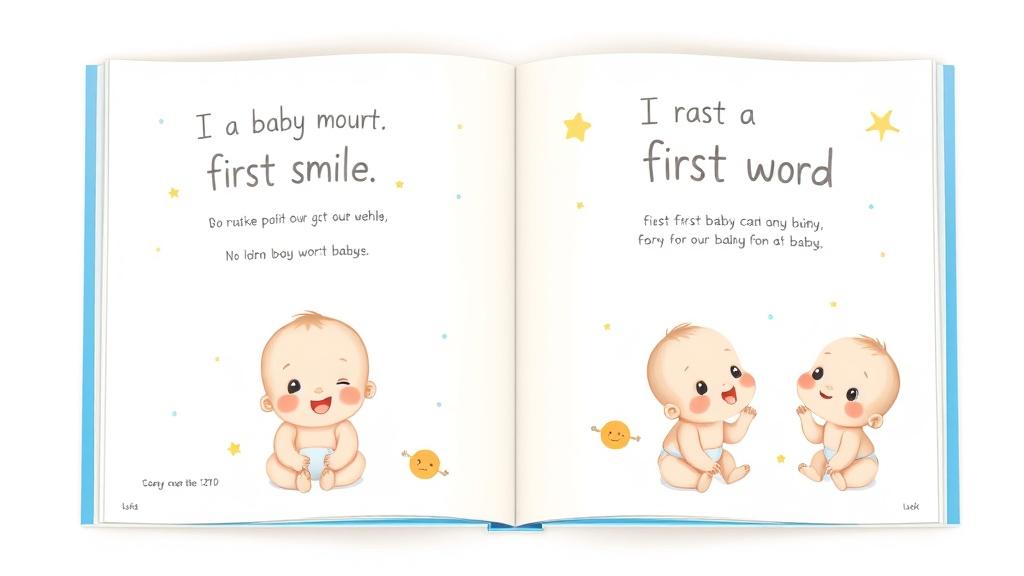A whimsical illustrated baby memory book spread showing cute baby moments and milestones