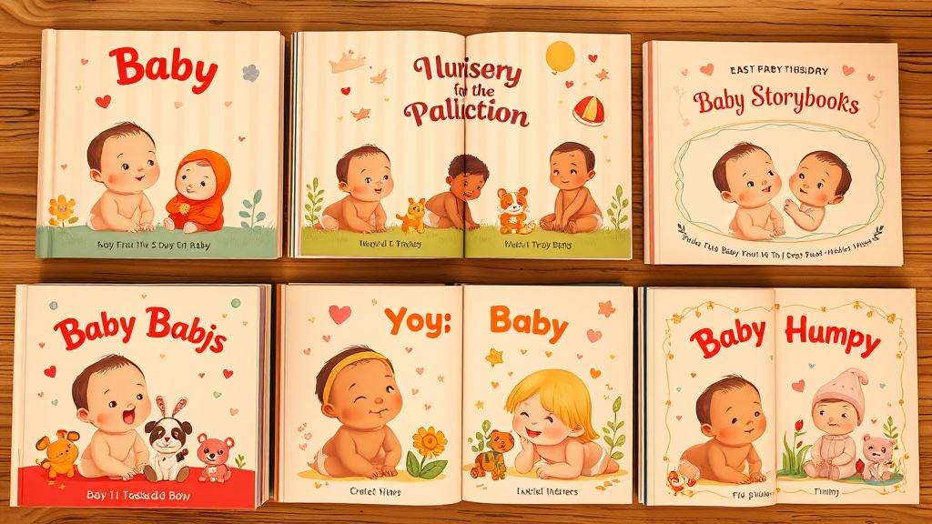 A collection of beautiful AI-generated baby storybooks with cute covers showing diverse babies