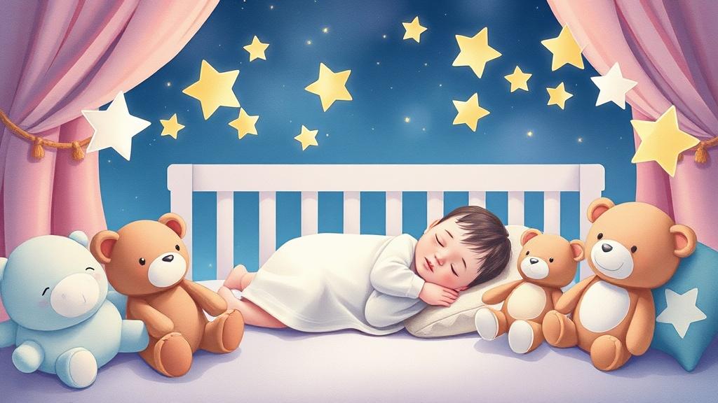 An illustrated nursery scene with a sleeping baby surrounded by stuffed animals and floating stars