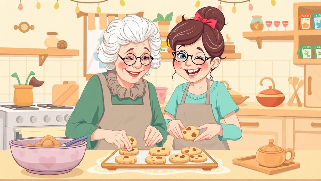 A grandmother and grandchild baking cookies together in a whimsical illustrated kitchen