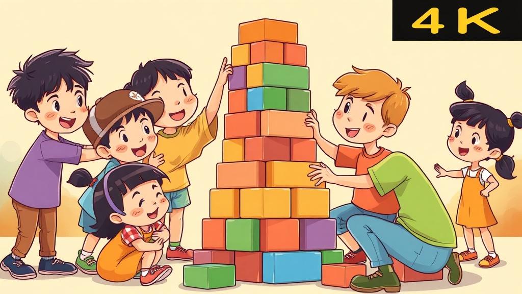 Children working together to build a tower showing teamwork and cooperation